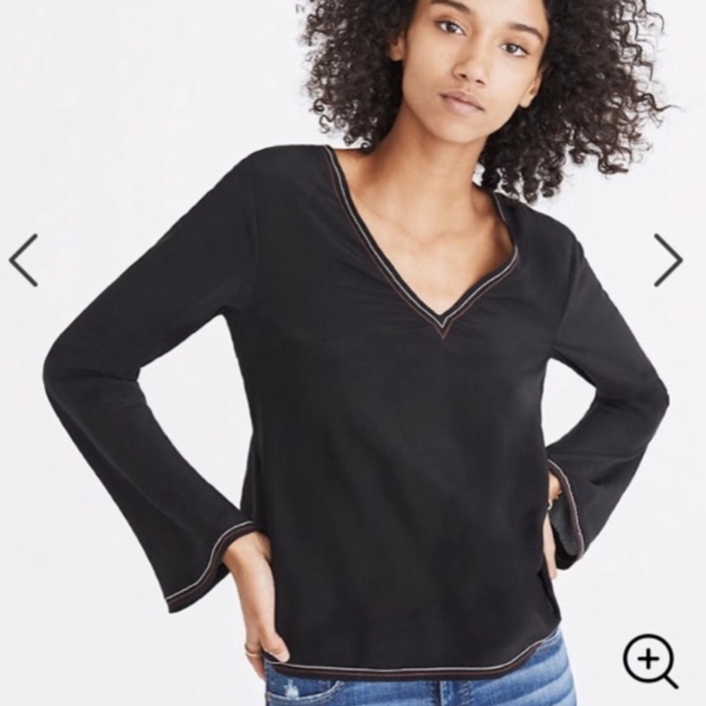 Madewell silk tie back blouse w stitching detail